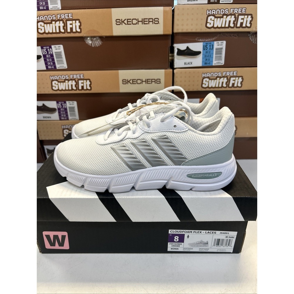 Adidas Cloudfoam Flex Laces Women Size 8 White Silver JS4891 Sneakers